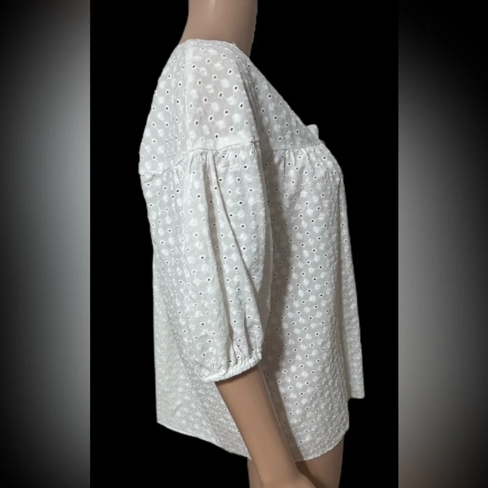 ZARA Blouse Small White Eyelet Cotton Puff Sleeve Embroidered Top Boho wb